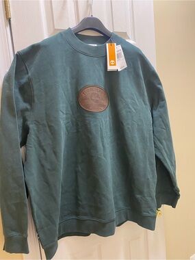 3XL Big & Tall Dark Green Crewneck Sweatshirt Leather Logo Patch NWT$70 Quality!